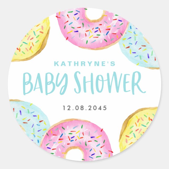 Colourful Pastel Sprinkle Doughnuts Baby Shower Classic Round Sticker (Front)