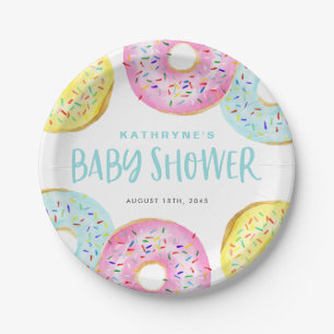 Colourful Pastel Sprinkle Doughnuts Baby Shower Paper Plate