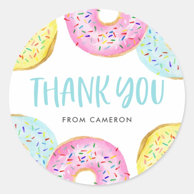 Colourful Pastel Sprinkle Doughnuts Birthday Thank Classic Round Sticker (Front)