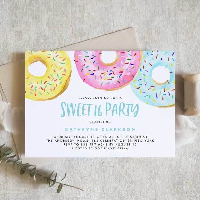 Colourful Pastel Sprinkle Doughnuts Sweet 16 Party Invitation (Creator Uploaded)