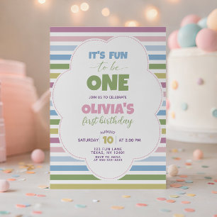 Colourful Pastel Striped 1st Birthday Invite