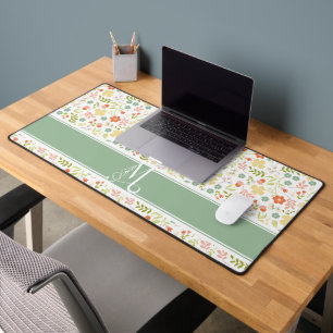 Colourful Pastel Stylised Flower Pattern Monogram Desk Mat