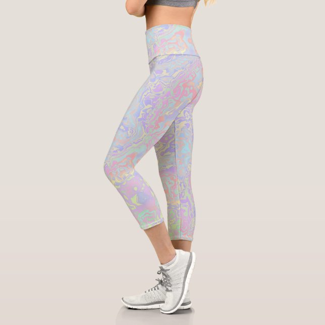Colourful Pastel Swirly Trippy Acid Trip Rainbow Capri Leggings (Left)