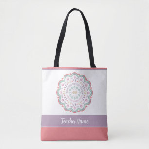 Colourful pastel teacher appreciation mandala name tote bag