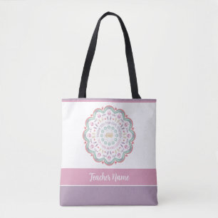 Colourful pastel teacher appreciation mandala name tote bag