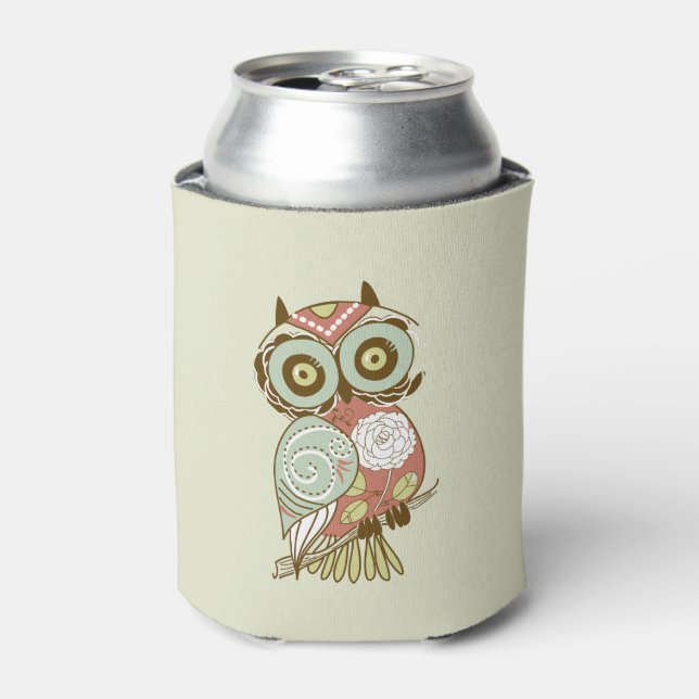 Colourful Pastel Tones Retro Floral Owl Can Cooler (Can Front)
