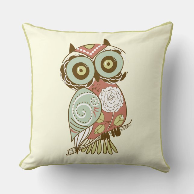 Colourful Pastel Tones Retro Floral Owl Cushion (Front)