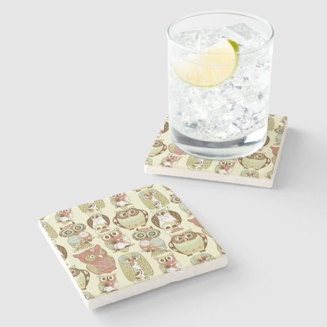 Colourful Pastel Tones Retro Floral Owls Pattern Stone Coaster (Side)