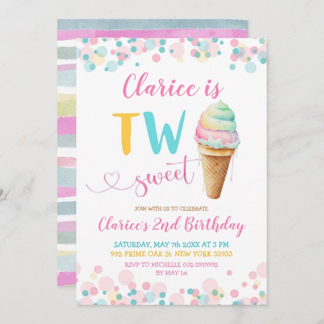 Colourful Pastel Two Sweet Kid's Second Birthday Invitation (Front/Back)
