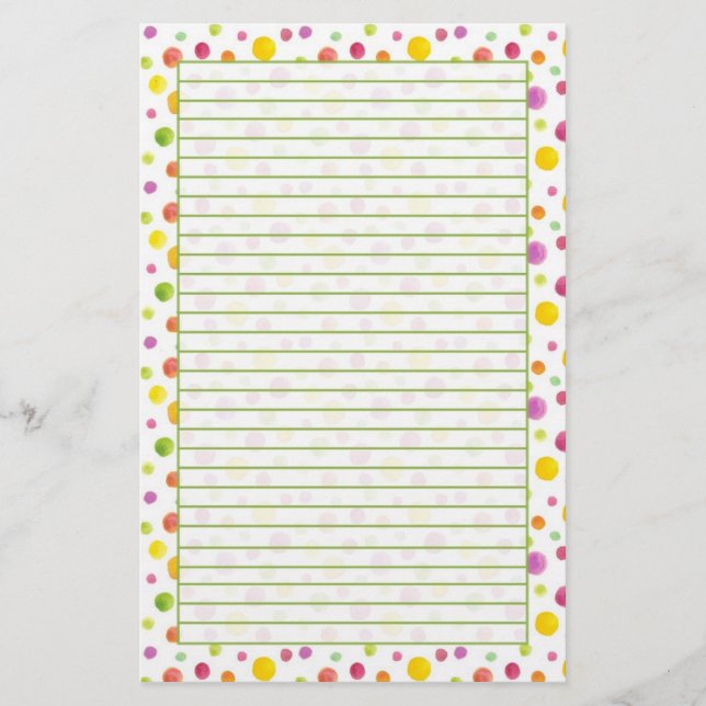Colourful Pastel Watercolor Dots Lined Stationery (Front)