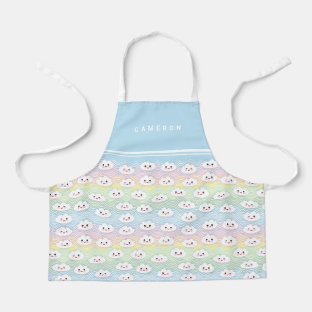 Colourful Pastel Waves Kawaii Clouds Pattern Kids Apron (Front)