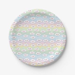 Colourful Pastel Waves Kawaii Clouds Pattern Paper Plate
