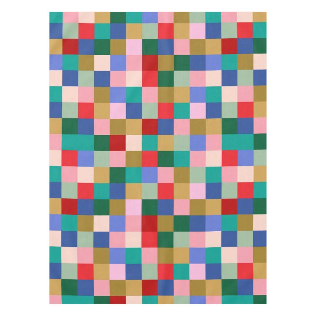 Colourful Patchwork Chequerboard Modern Holiday Tablecloth (Front)