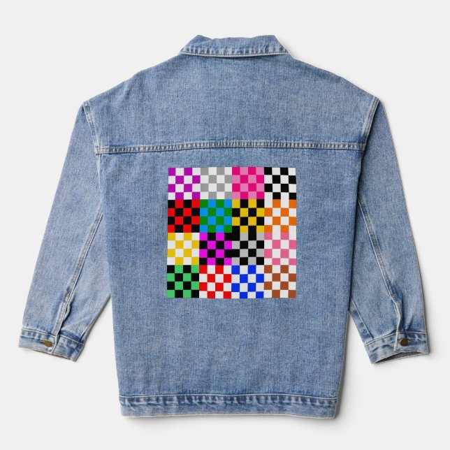 Colourful Patchwork Chequered Pattern Design  Denim Jacket (Back)