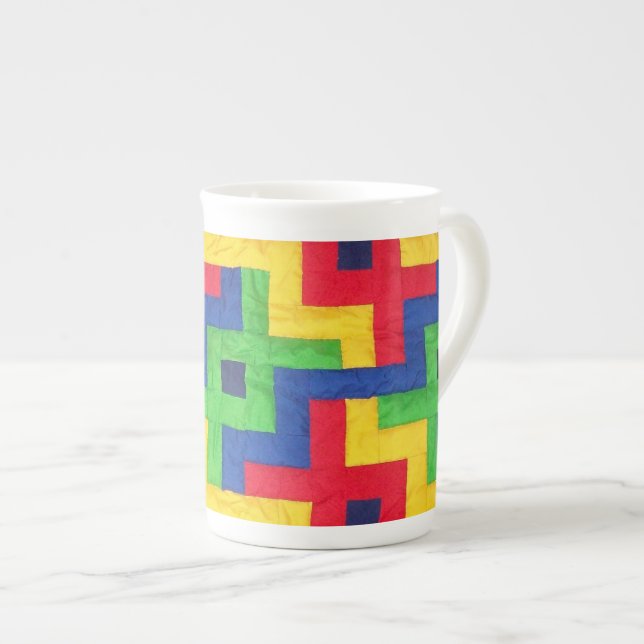 Colourful Patchwork Design Bone China Coffee Mug (Front Right)