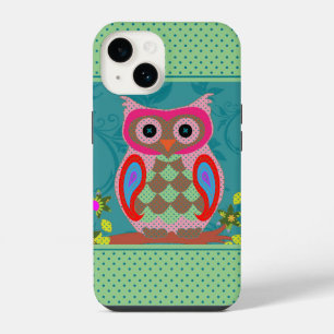 Colourful Patchwork Folk Art Owl and Dots iPhone 14 Case