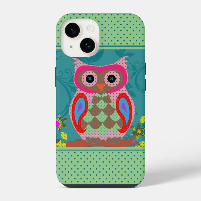 Colourful Patchwork Folk Art Owl and Dots iPhone Case (Back)