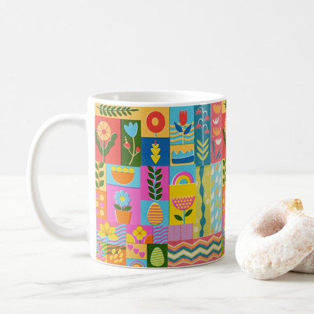 Colourful Patchwork FRAMED  vintage Coffee Mug (With Donut)