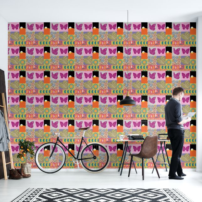 Colourful Patchwork FRAMED  vintage Wallpaper (Living Room)