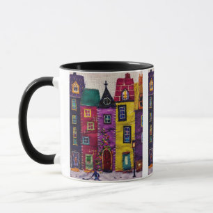 Colourful Patchwork Houses Textile Art Mug