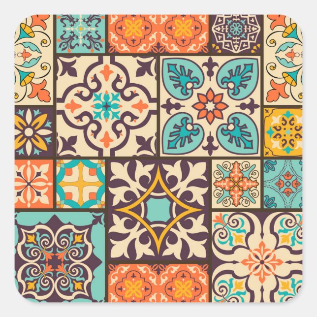 Colourful Patchwork Islam Motifs Tile Square Sticker (Front)