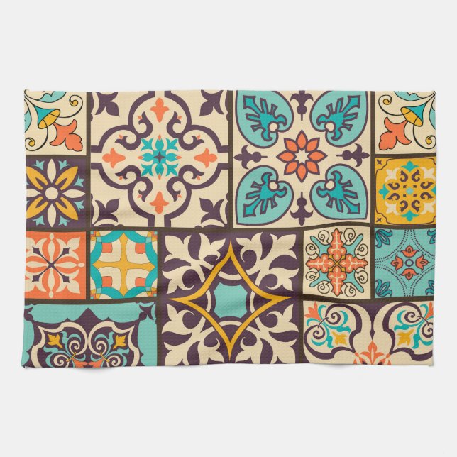 Colourful Patchwork Islam Motifs Tile Tea Towel (Horizontal)
