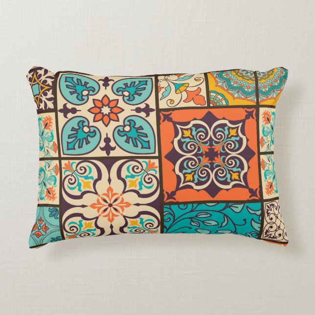 Colourful Patchwork Islamic Majolica Tile Decorative Cushion (Front)