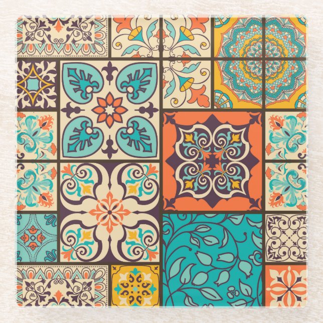 Colourful Patchwork Islamic Majolica Tile Glass Coaster (Front)