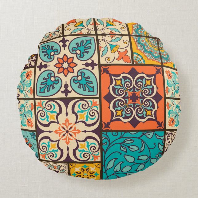 Colourful Patchwork Islamic Majolica Tile Round Cushion (Front)