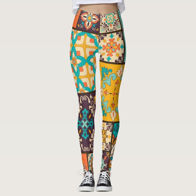Colourful Patchwork Islamic Tile Seamless Leggings (Front)