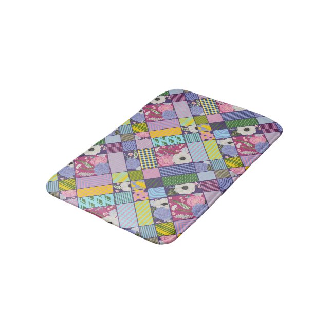 Colourful Patchwork Pattern Geometric Flowers Dots Bath Mat (Angled)