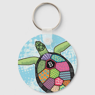 Colourful Patchwork Pattern Monogram Sea Turtle Key Ring