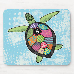 Colourful Patchwork Pattern Monogram Sea Turtle Mouse Mat