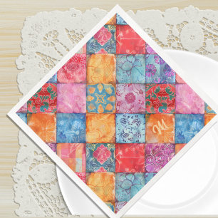 Colourful Patchwork Print Monogram Napkin