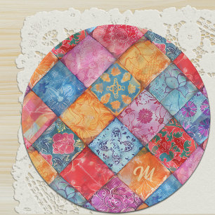 Colourful Patchwork Print Monogram Paper Plate