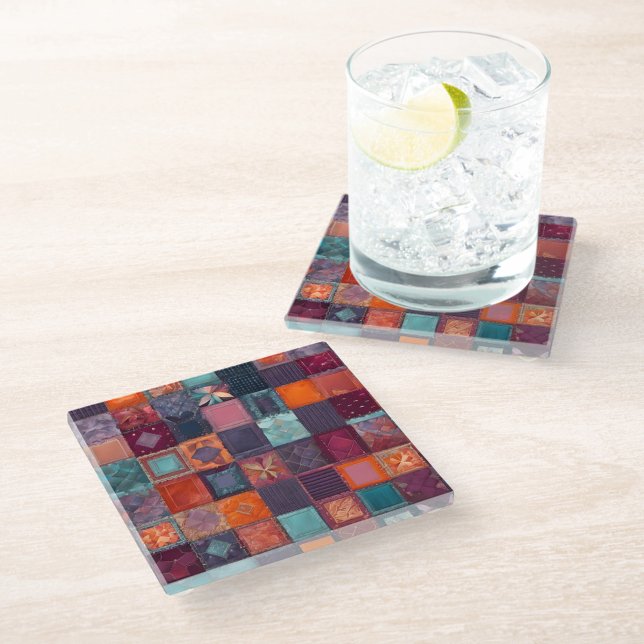 Colourful Patchwork Quilt Art Glass Coaster (Creator Uploaded)