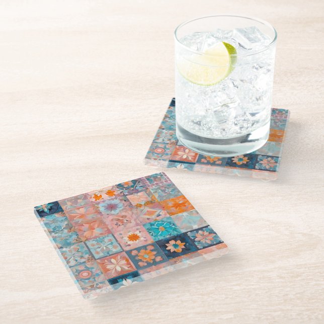 Colourful Patchwork Quilt Art Glass Coaster (Creator Uploaded)