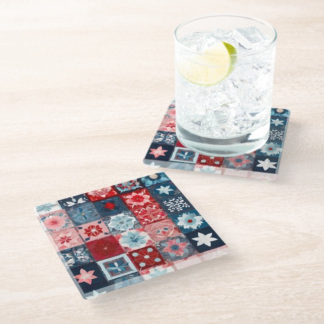 Colourful Patchwork Quilt Art Glass Coaster (Creator Uploaded)