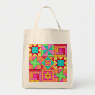 Colourful Patchwork Quilt Art Grocery Tote Bag