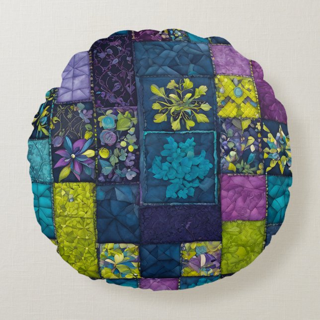 Colourful Patchwork Quilt Art Round Throw Pillow (Front)