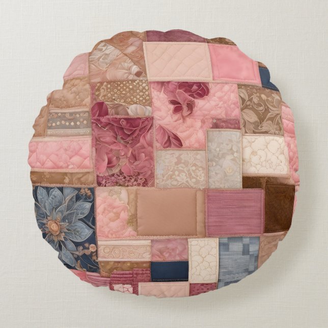 Colourful Patchwork Quilt Art Round Throw Pillow (Front)