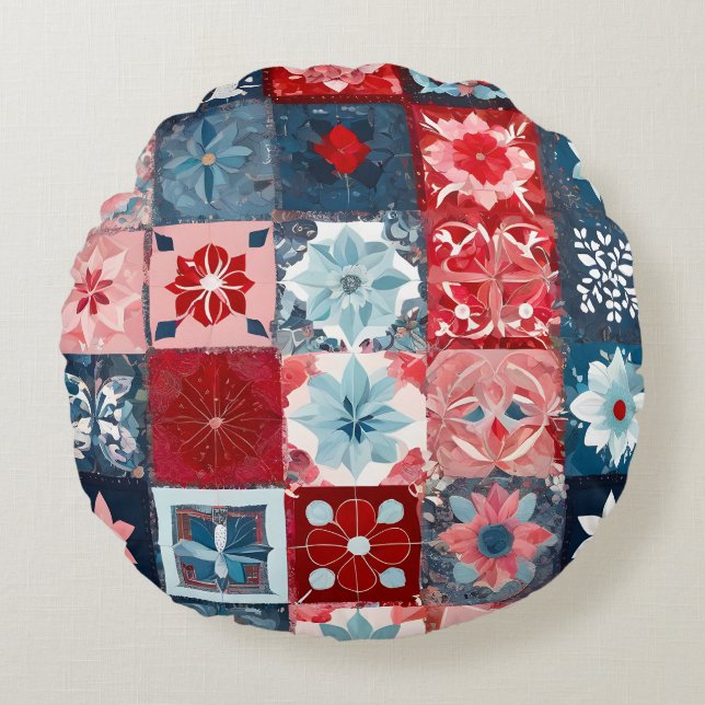 Colourful Patchwork Quilt Art Round Throw Pillow (Front)