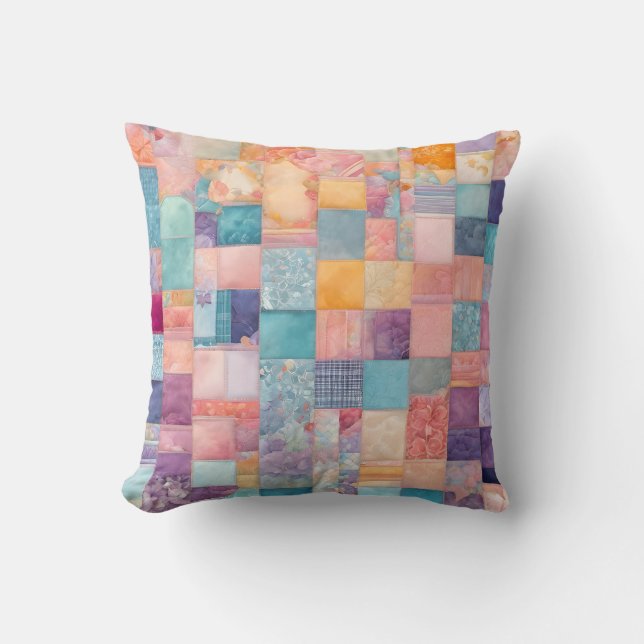 Colourful Patchwork Quilt Art Square Throw Pillow (Front)
