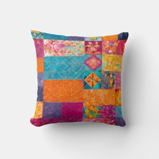 Colourful Patchwork Quilt Art Square Throw Pillow (Front)