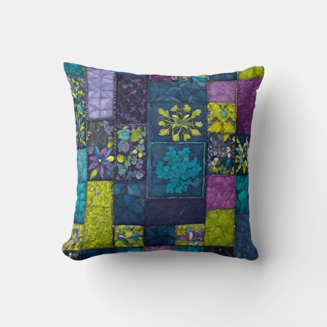 Colourful Patchwork Quilt Art Square Throw Pillow (Front)