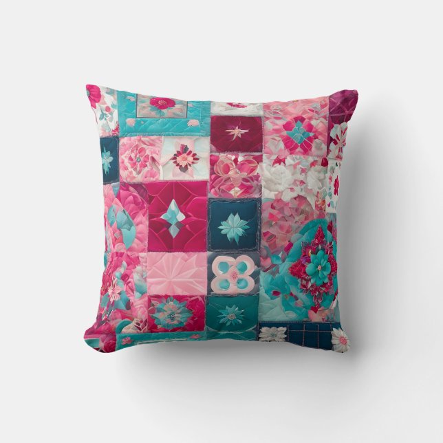Colourful Patchwork Quilt Art Square Throw Pillow (Front)