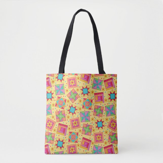 Colourful Patchwork Quilt Blocks Yellow Tote Bag (Front)