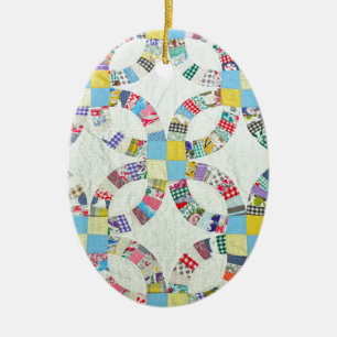 Colourful patchwork quilt ceramic tree decoration