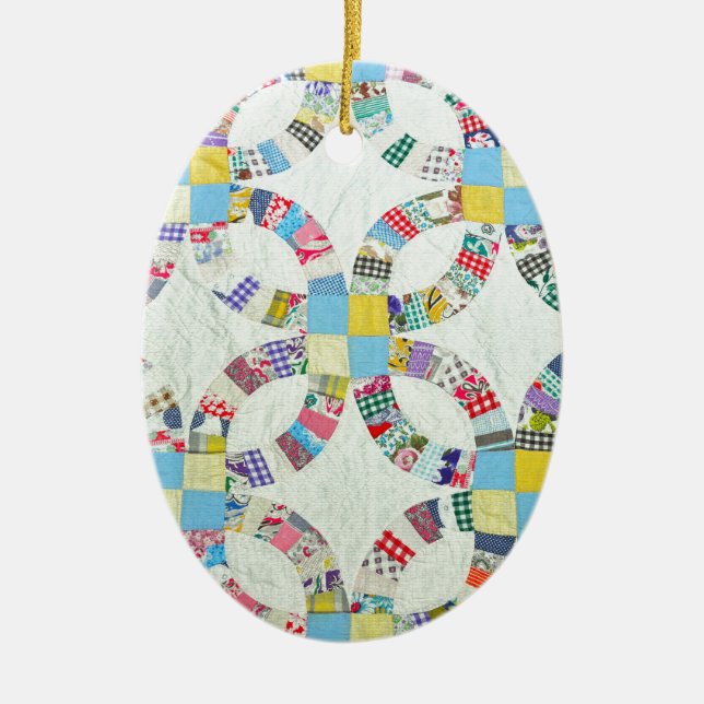 Colourful patchwork quilt ceramic tree decoration (Front)
