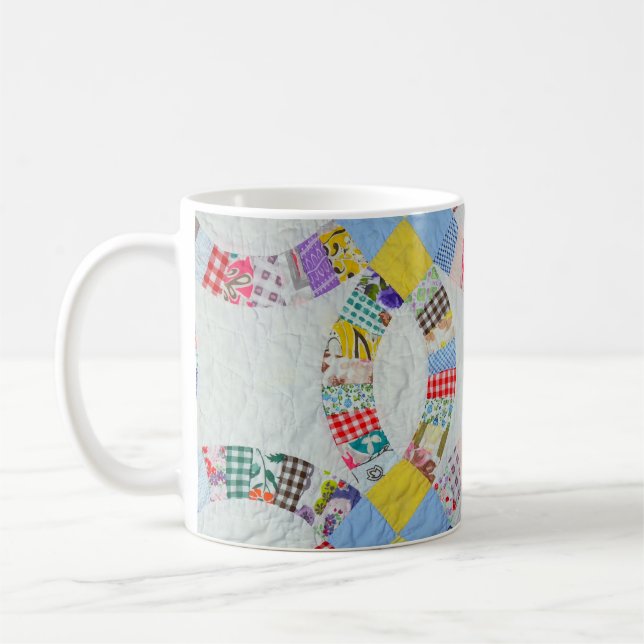 Colourful patchwork quilt coffee mug (Left)